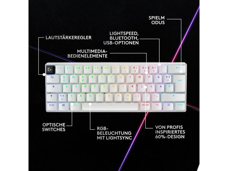 Logitech Gaming-Tastatur Pro X 60 Lightspeed White Kabellose 60%-Gaming-Tastatur mit Logitech Lightspeed-Technologie und RGB-Beleuchtung
