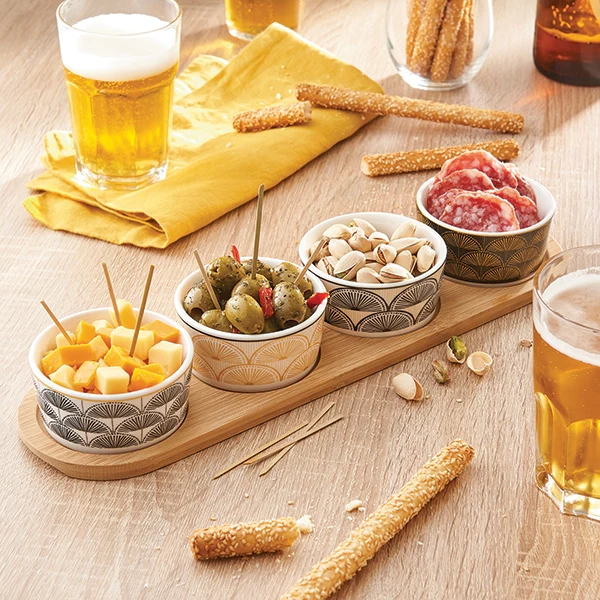 Service apéritif plateau bambou ovale 38 cm et 4 coupelles porcelaine