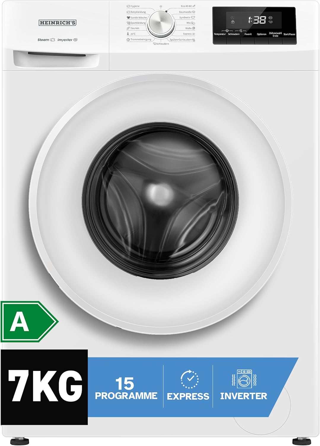 Heinrich´s Waschmaschine, 7kg, 15 Programme, 1400 U/min., Aqua-Stop, LED-Display, inkl. Timer, mit Kindersicherung, langlebiger Inverter Motor, Energieeffizienzklasse A, weiß