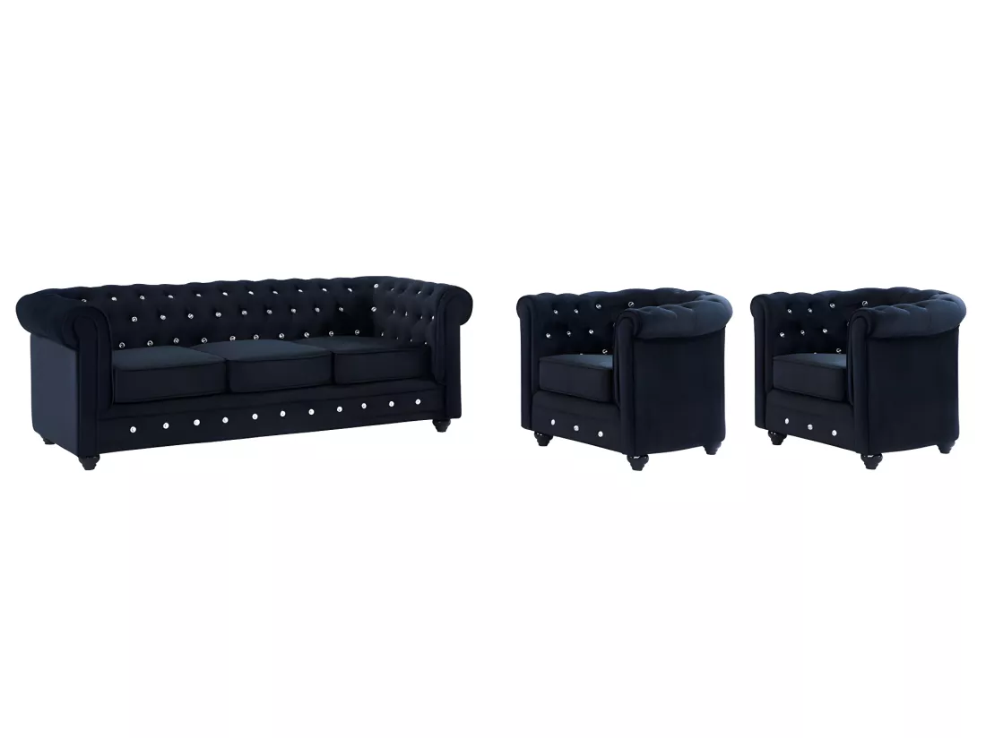 Canapé 3 places et 2 fauteuils CHESTERFIELD - Velours noir et boutons effet cristal