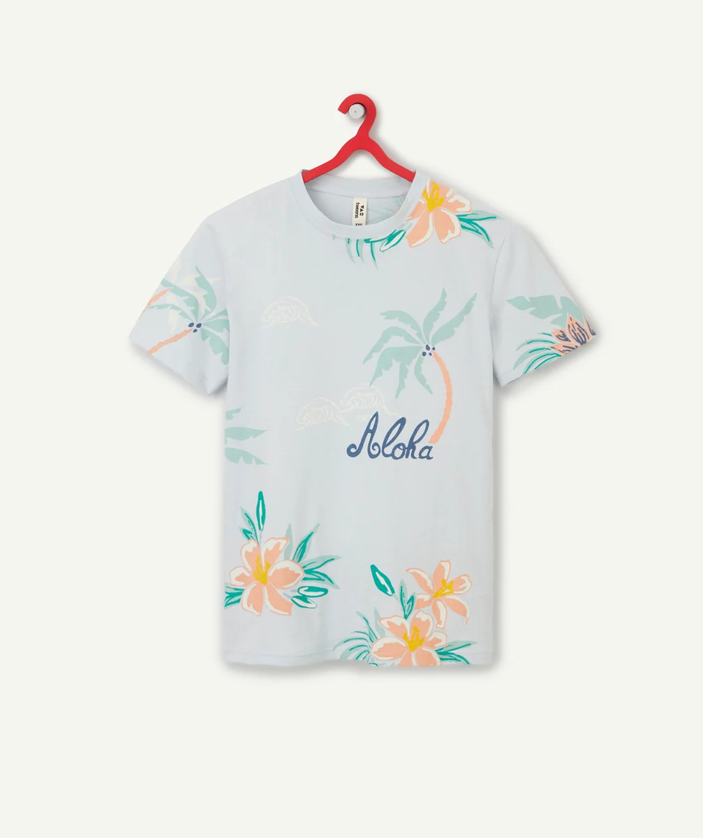 T-SHIRT GARÇON BLEU CIEL EN COTON BIO THÈME HAWAÏEN