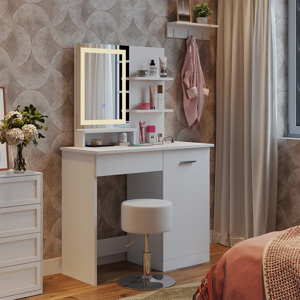 Vicco Schminktisch Julia 90 cm mit LED-Spiegel, QI-Ladegerät und Hocker