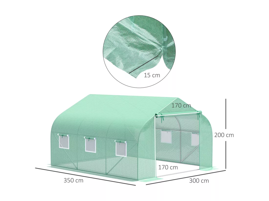 Serre tunnel de jardin 3,5 x 3 x 2 m grande taille 6 fenêtres vert