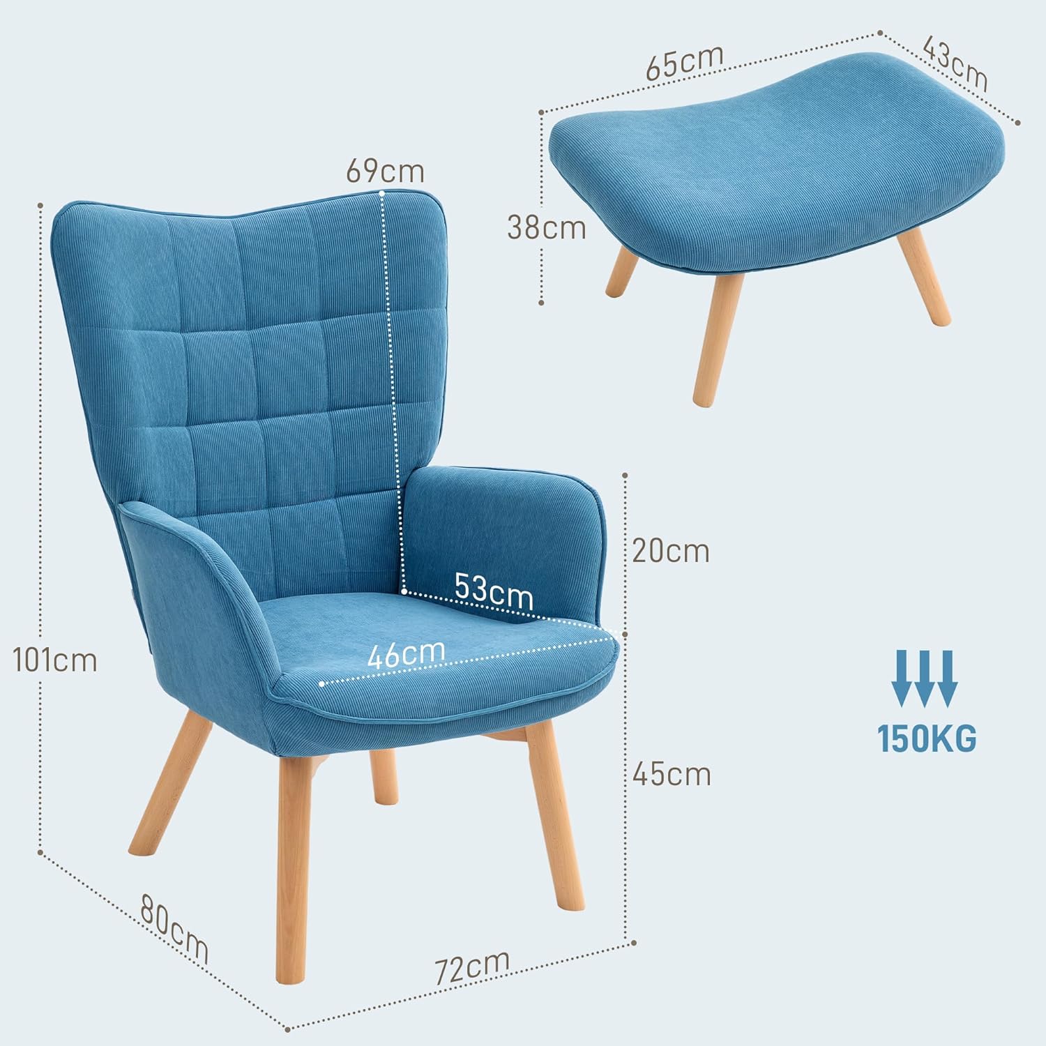 HOMCOM Ohrensessel mit Hocker Sessel Loungesessel mit Cord-Optik, Modern Relaxsessel, Armlehnensessel Lesesessel für Wohnzimmer, Schlafzimmer, Blau