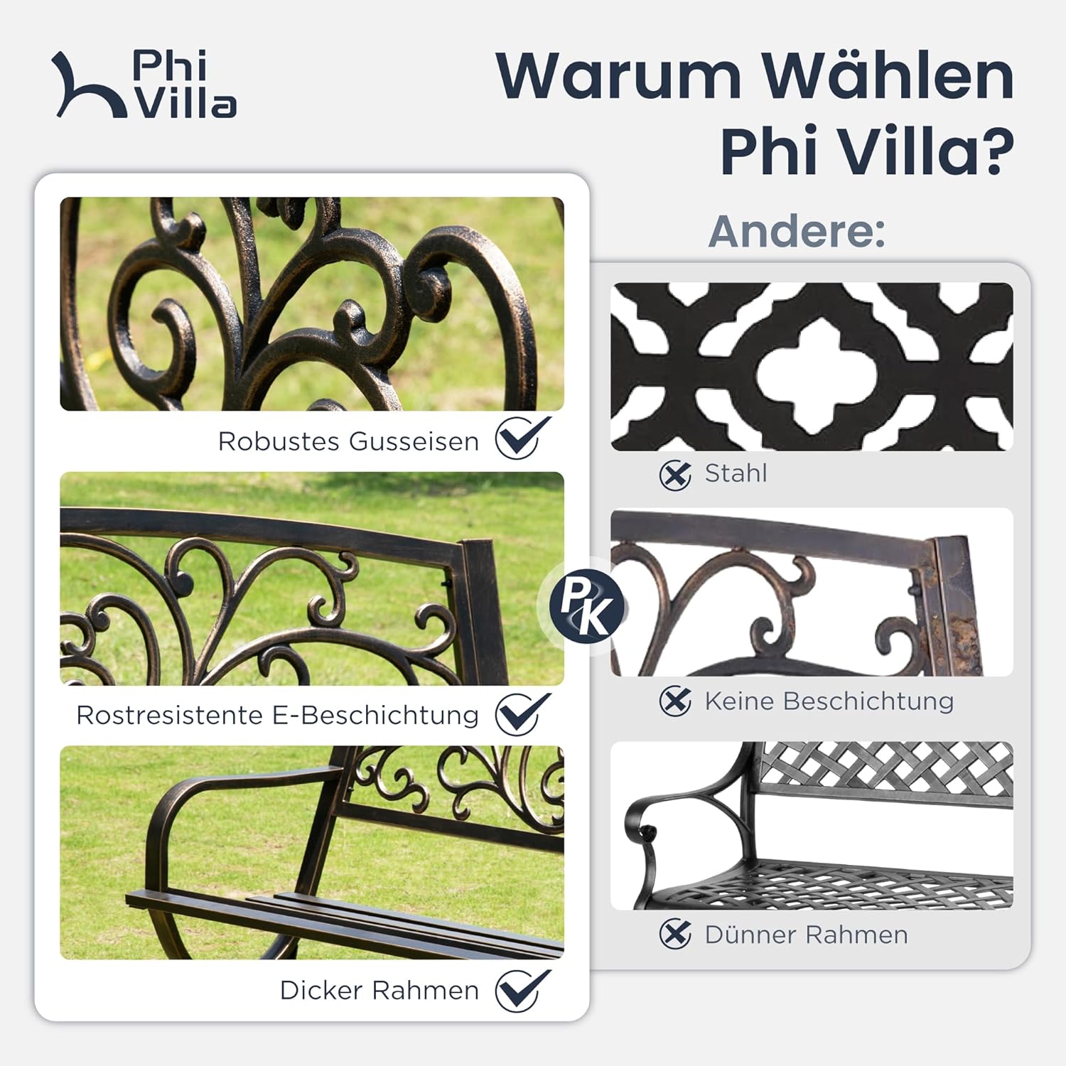 PHI VILLA Gartenbank Metall Rückenlehne aus Gusseisen Stahlrahmen 2-3 Sitzer Bank Outdoor mit Floralem Design für Park, Garten und Terrasse Bronze