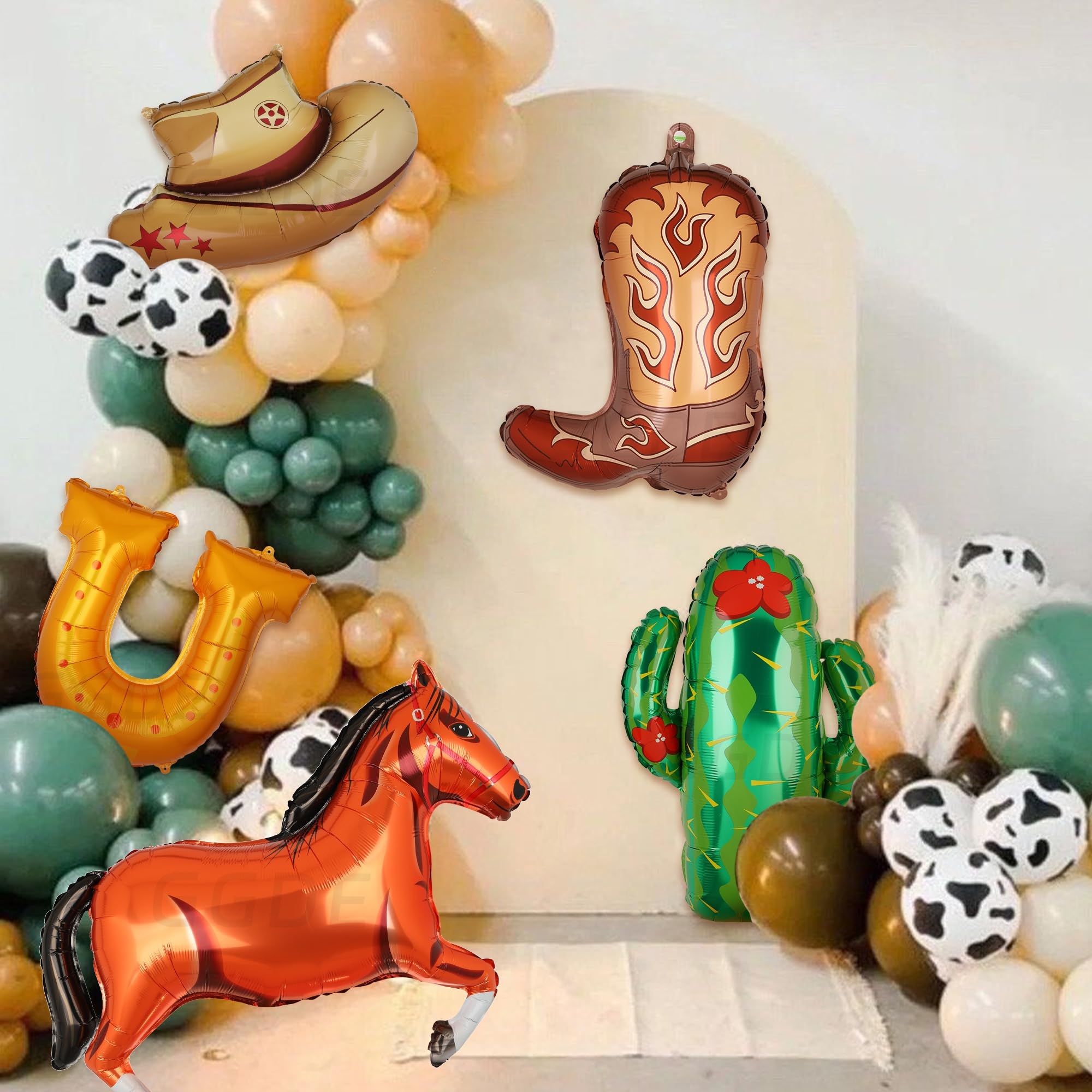 (5er Set) Country Party Deko Folien Ballon Western Cowboy Luftballon - Pferd / Stiefel / Hut / Kaktus / Hufeisen