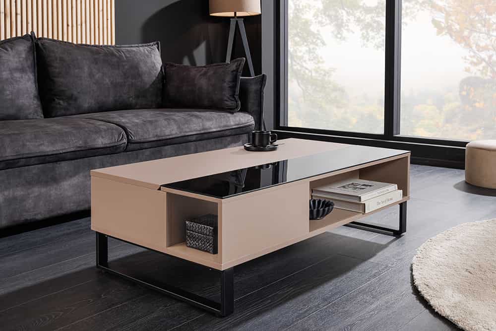 Höhenverstellbarer Couchtisch APARTMENT 110cm taupe greige schwarz Metall Stauraum
