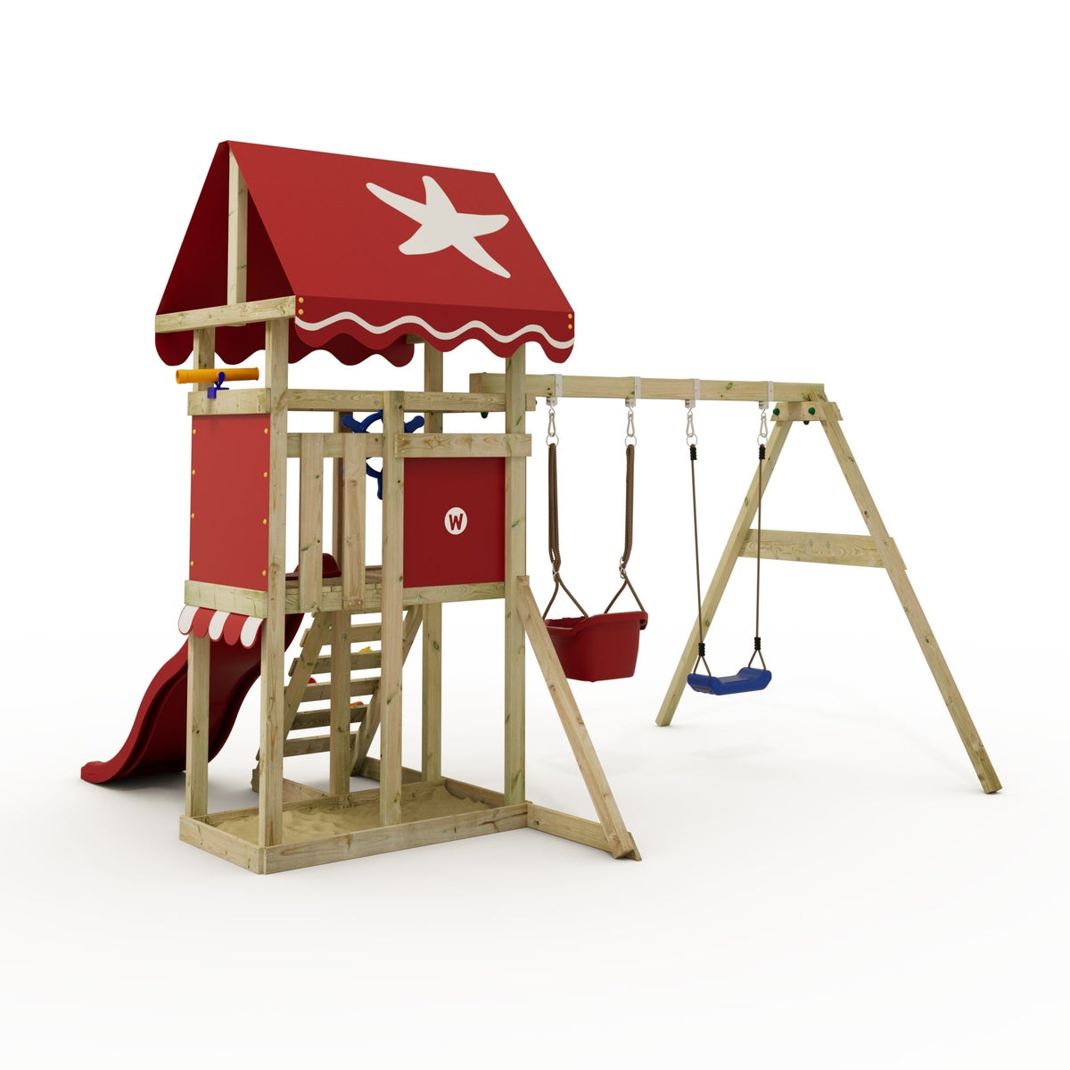 WICKEY DinkyStar Speeltoren Klimrek met Schommel en Glijbaan, Klimtoren met Zandbak, Ladder en Speelaccessoires – Rood