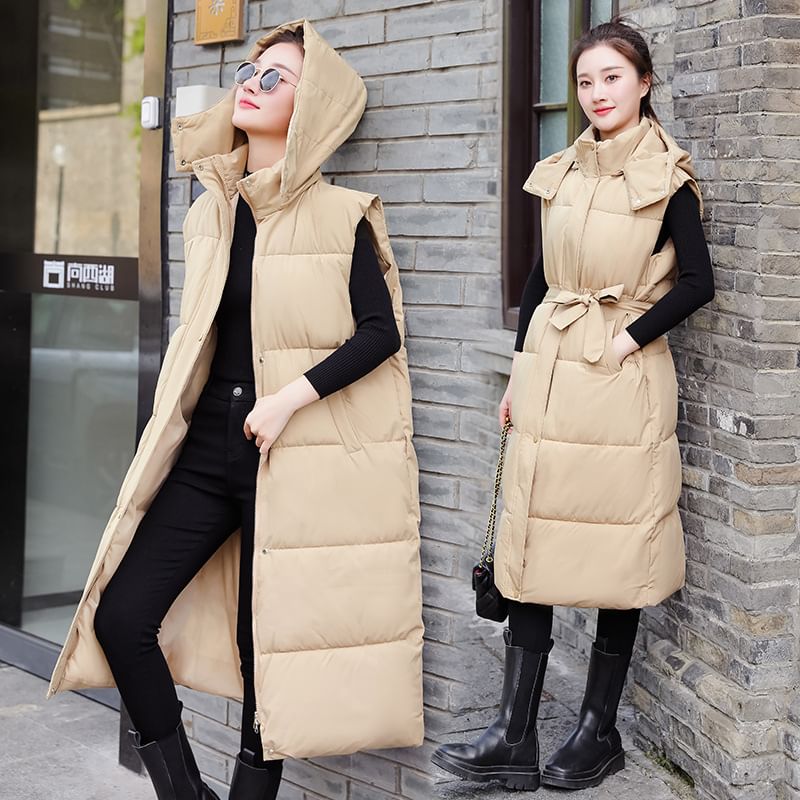 Quolove - Effen lang gewatteerd vest met capuchon