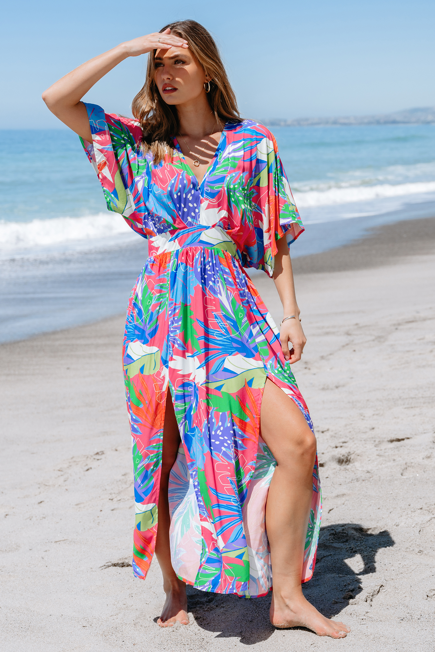Robe maxi à smocks tropicale brillante