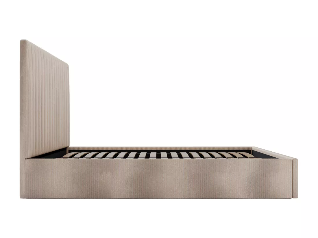Lit coffre 140 x 190 cm avec tête de lit coutures verticales - Velours côtelé - Beige + Matelas - SARAH