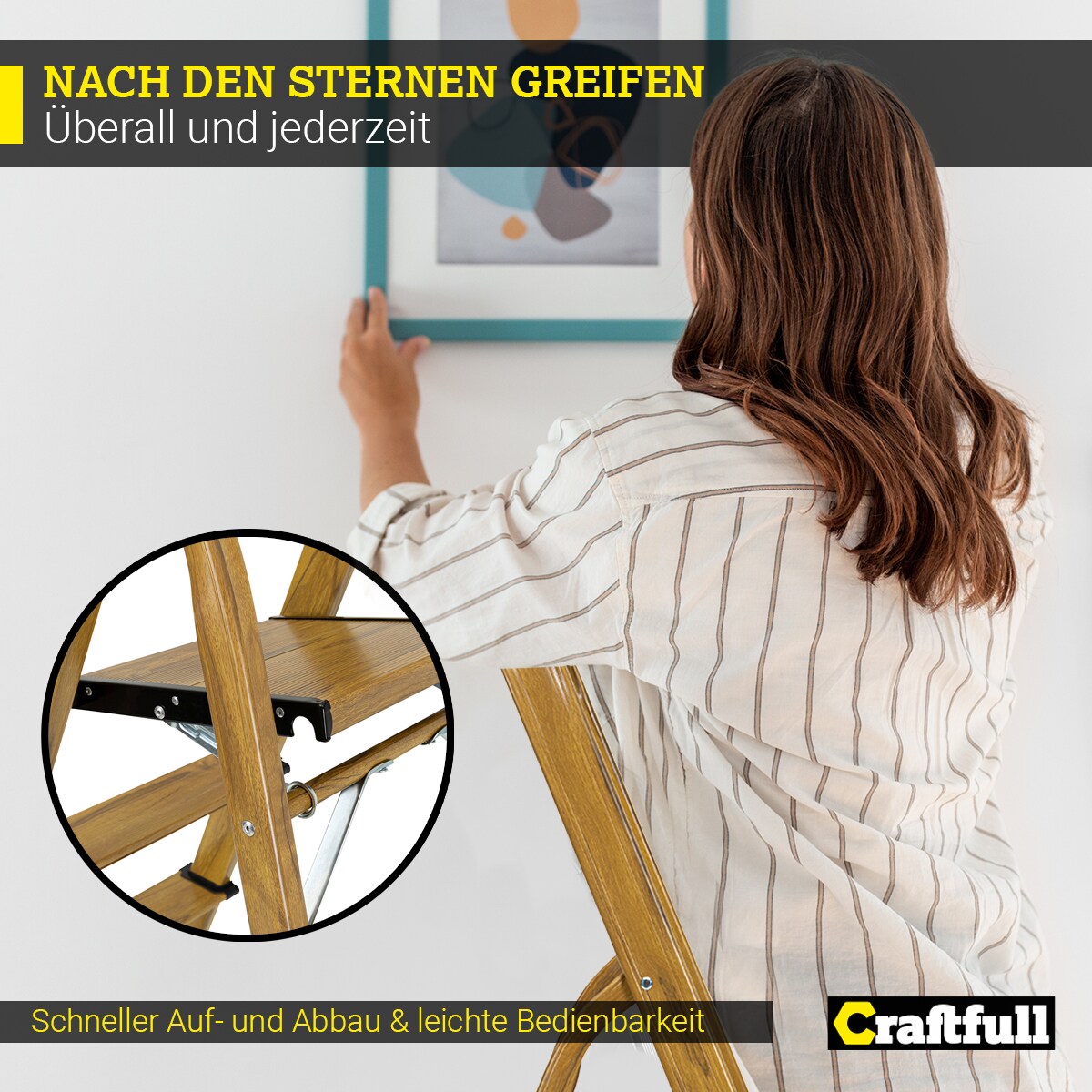 Craftfull Stehleiter CF-133A, Aluminium-Haushaltsleiter, 2-6 Stufen, gummierte Standfüße, bis 150 kg (2 Stufen Holz Edition)