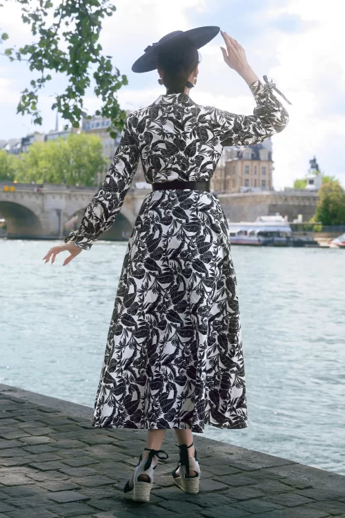 Vintage Diva  Colette maxi jurk in wit en zwarte print