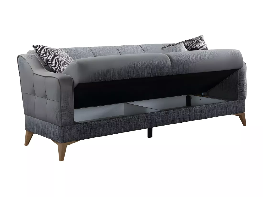 Canapé Juan, Canapé de rangement 3 places linéaire avec 3 coussins inclus, Canapé de salon en tissu rembourré avec ouverture clic-clac, 207x82xh92 cm, Gris