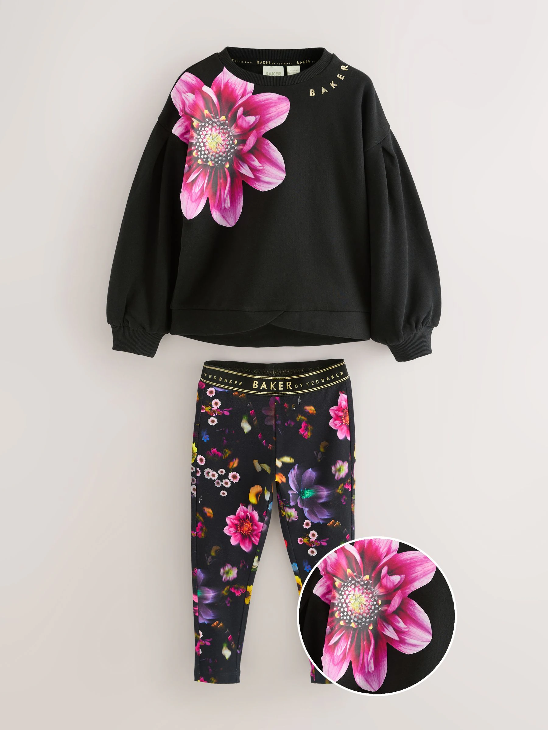 Baker by Ted Baker Flower Print Black Sweatshirt and Leggings Set 2 Piece