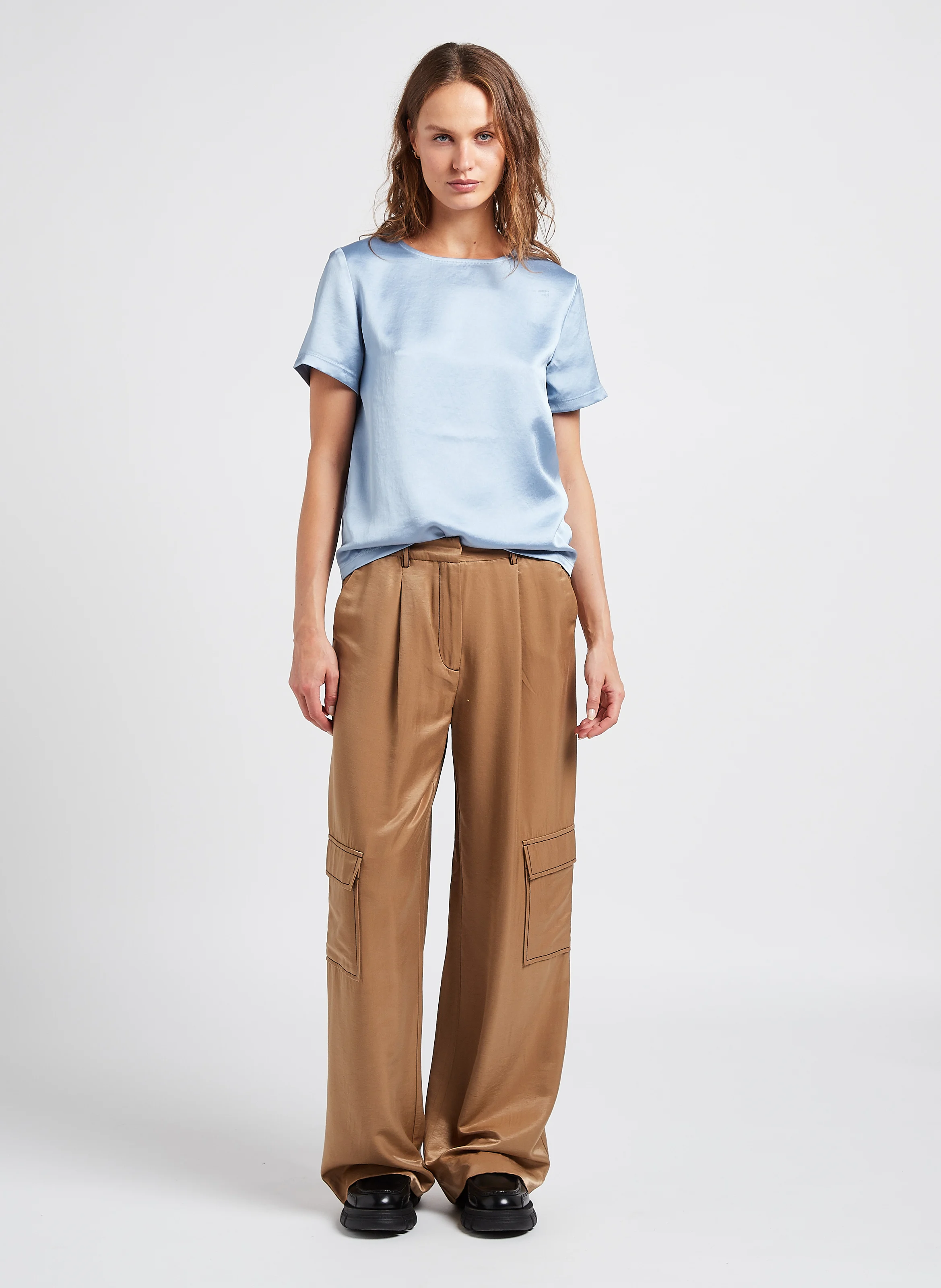 CILIE - Pantalon large satiné| Marron