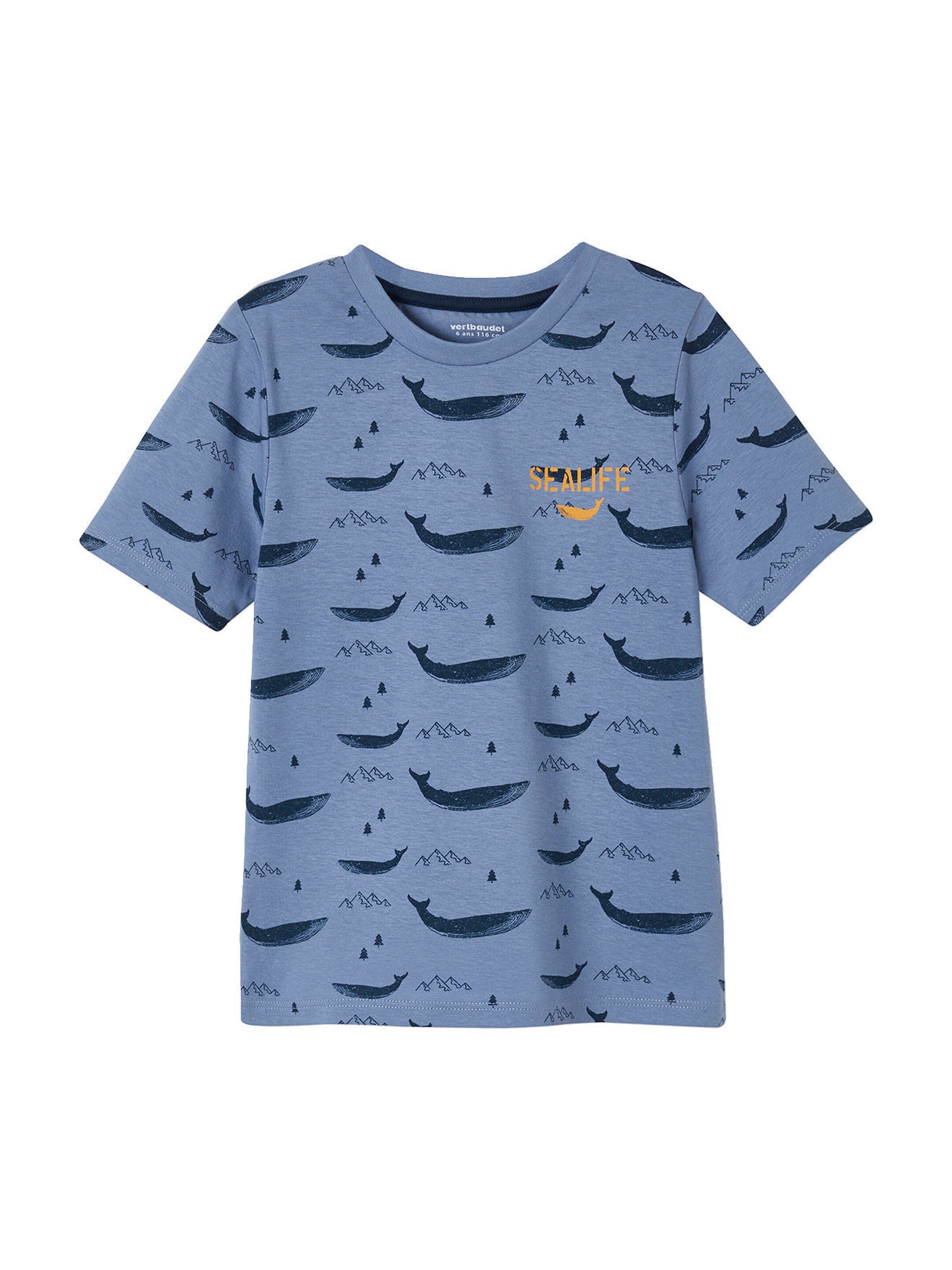 Vertbaudet 2er-Pack kurze Jungen Schlafanzüge, Wale BASIC blau+senfgelb/blau gestreift