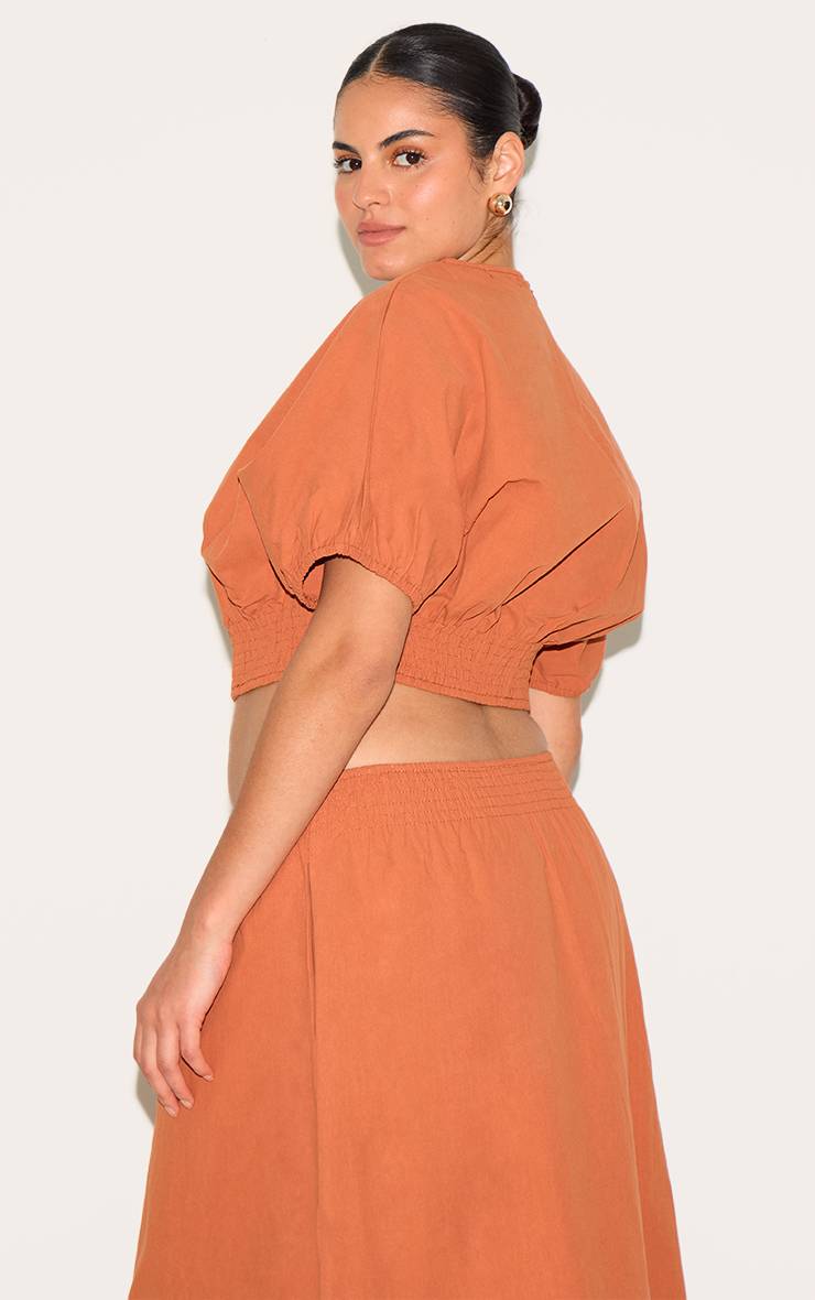 Orange Brûlé Top Court Taille Froncée Manches Courtes Ensemble Grande Taille