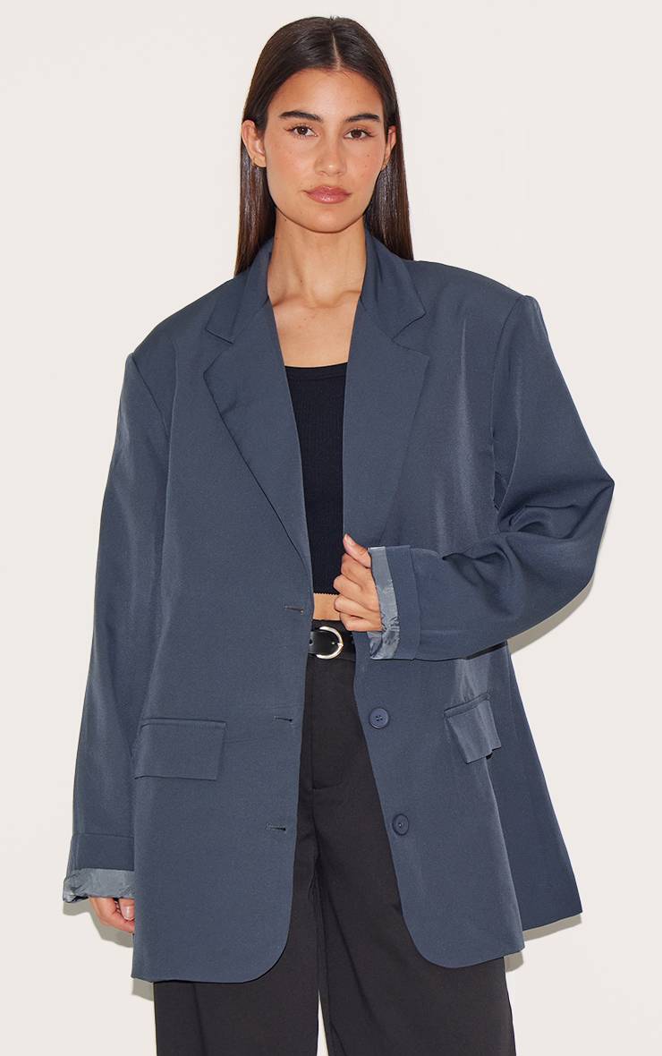 Gris Blazer Long Oversize À Ourlet Arrondi