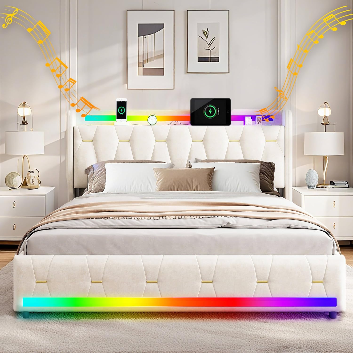 Bett 160x200cm, Samt Polsterbett mit Stauraum, Bluetooth-Lautsprecher, LED-Beleuchtung & USB/Type-C-Anschlüssen, Plattformbettgestell mit 4 Schubladen und Holzlatten, Beige