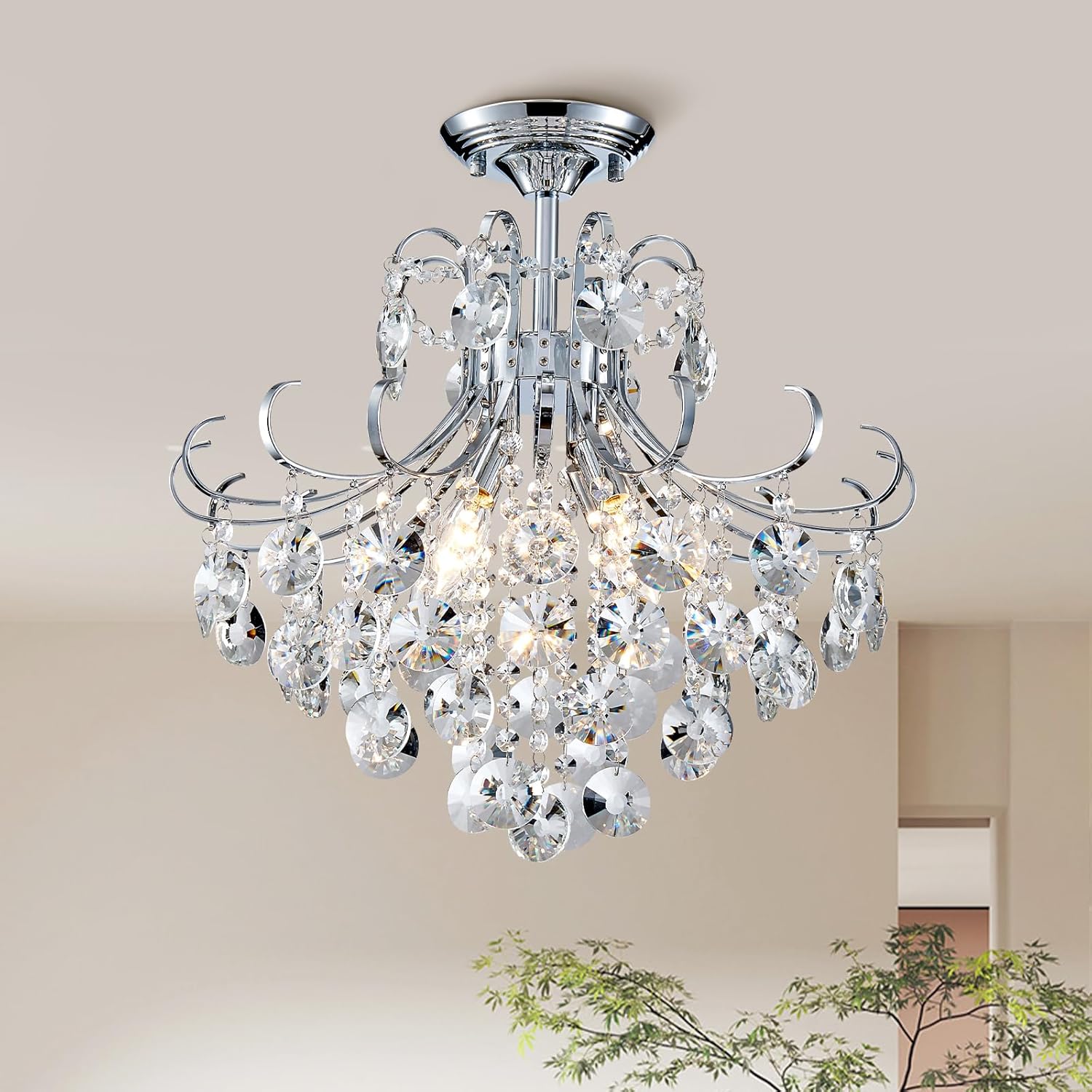 4-Licht Kristall Kronleuchter, Moderne Kristall Deckenleuchte Ø460mm, Silberchrom Kronleuchter E14, Ideal Für Esszimmer, Flur, Schlafzimmer und Foyer in Chromenfarbe