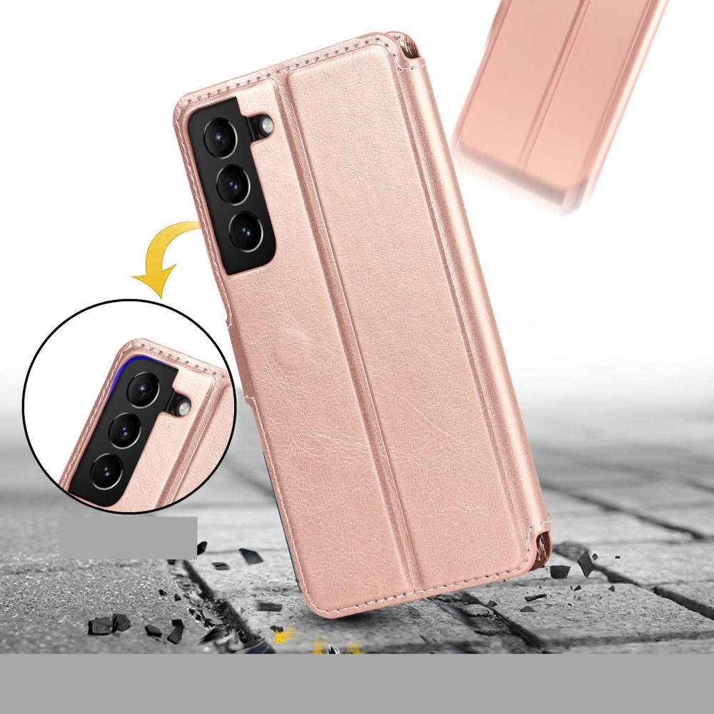 Samsung Galaxy S22 5G Leder Tasche mit Kartenfach im Retro Style - Roségold
