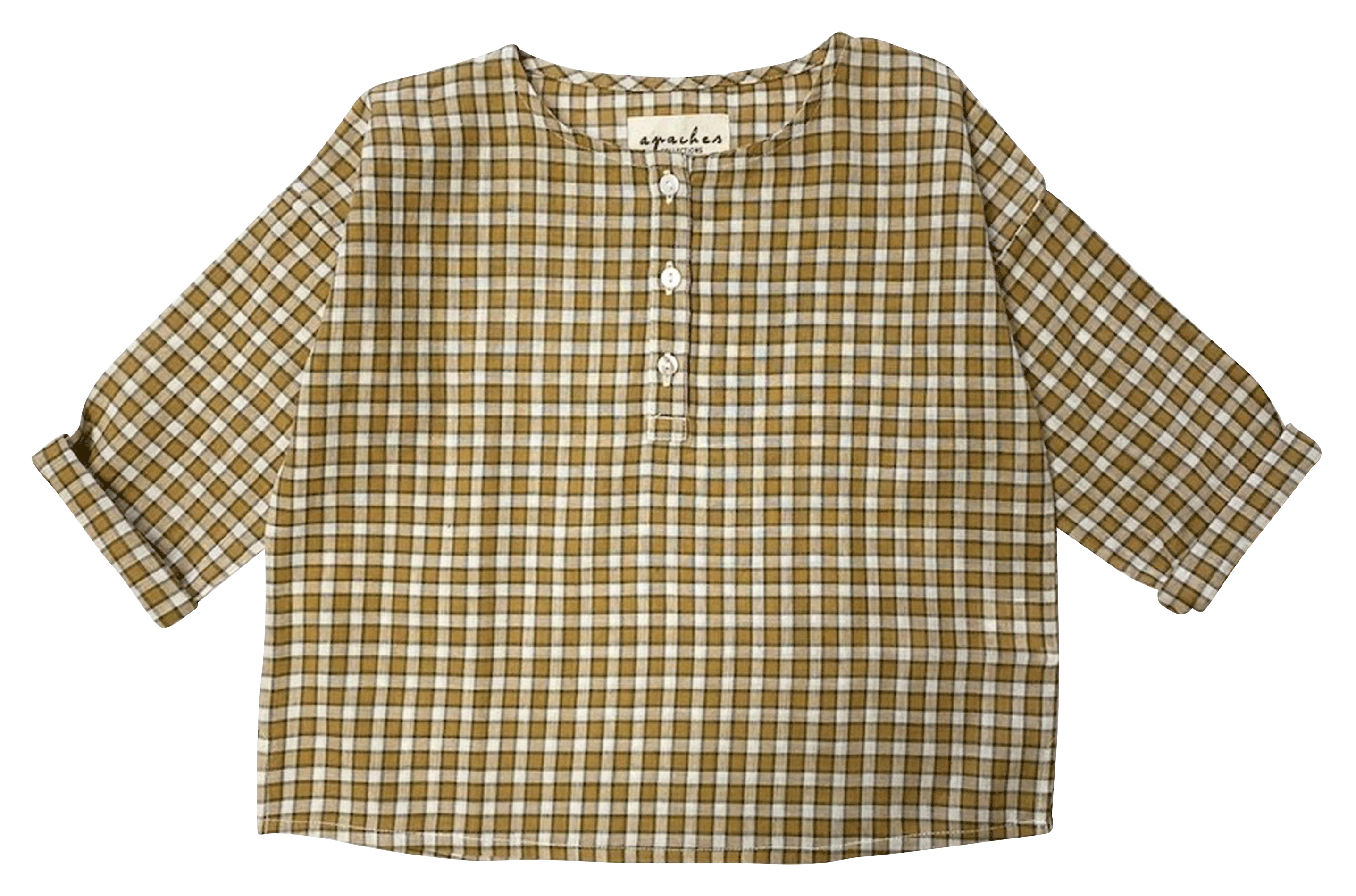 ARUN - Tee-shirt col rond à carreaux en coton| Marron
