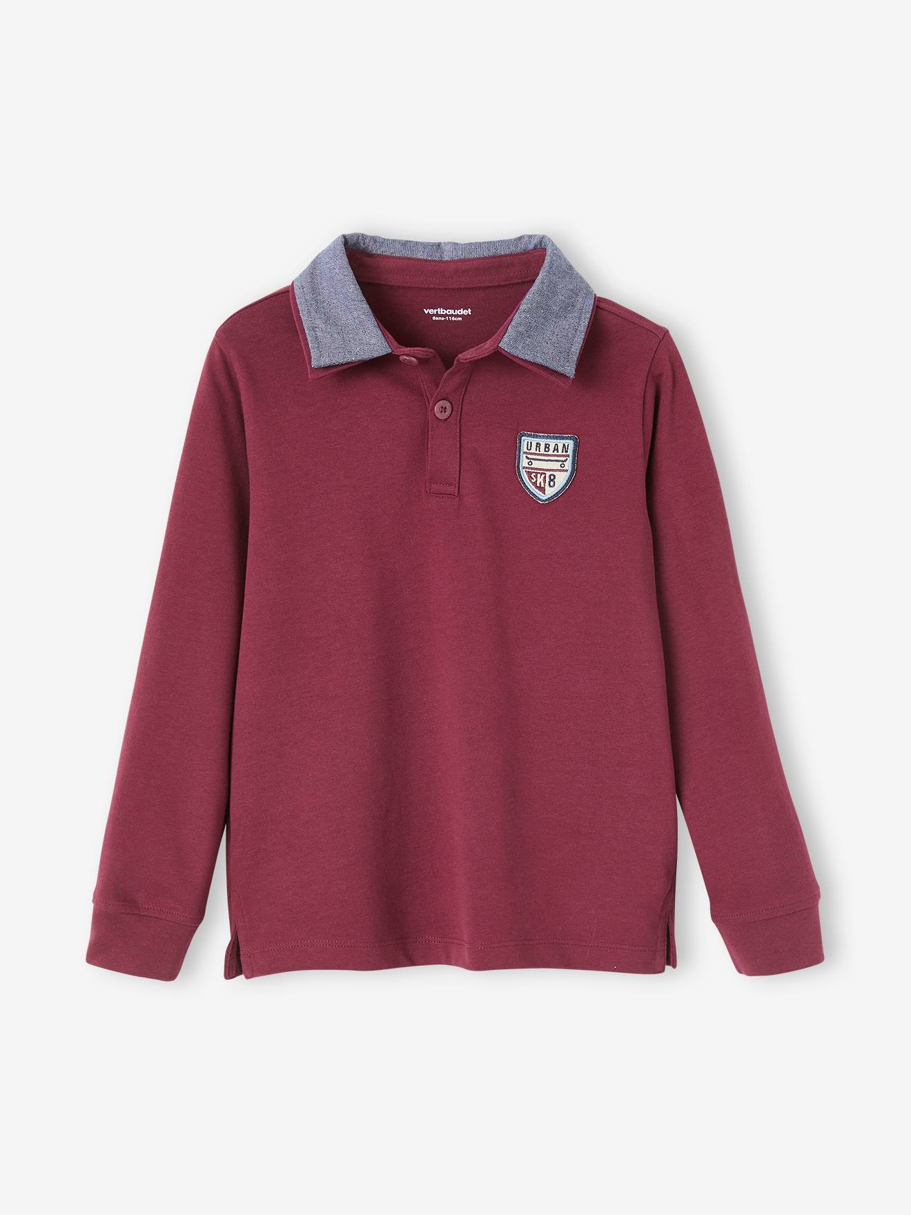 Camisa polo com emblema e gola chambray, camisa lisa azul-marinho infantil com estampas.