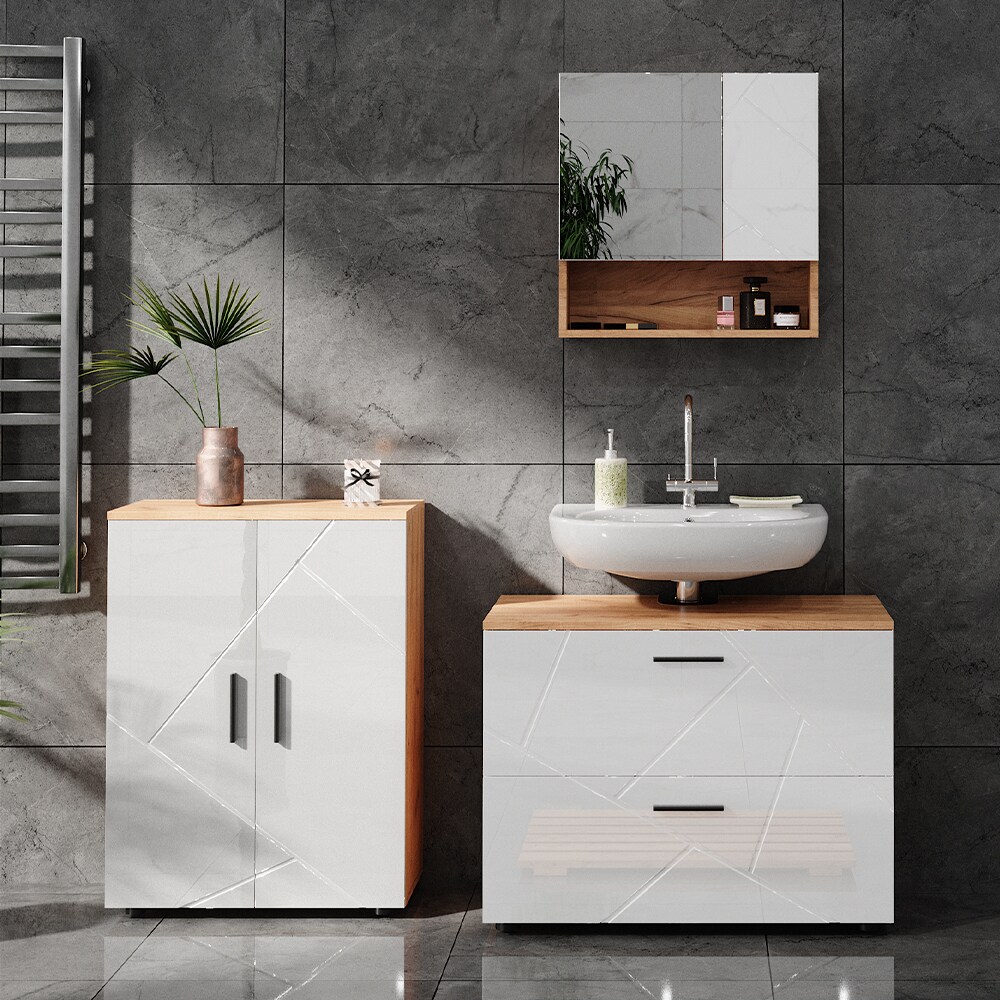 Vicco Spiegelschrank Badspiegel Wandspiegel Irma Eiche Weiß Hochglanz modern 54x55 cm Badezimmer Schrank Badschrank Badezimmermöbel Badmöbel 2 Türen