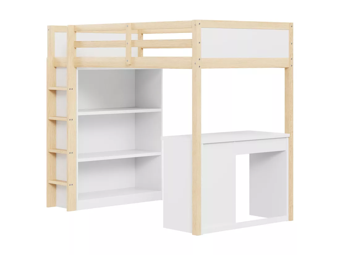 Lit mezzanine 90 x 200 cm avec armoires de rangement et table d'ordinateur, lit mezzanine enfant multifonctionnel en bois naturel