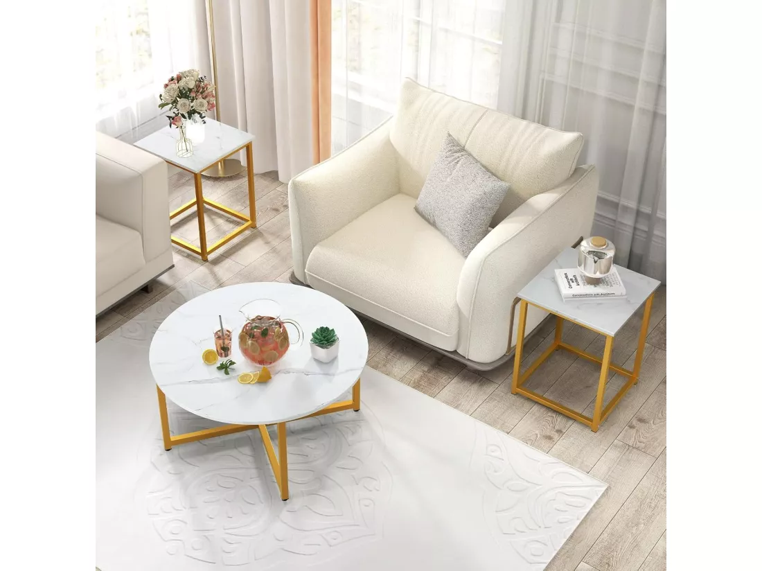 Table Basse Salon 3 Pcs, Table Basse Ronde avec 2 Tables d'Appoint Carrées, Cadre en Métal, Design Moderne Industriel, Table Salon Lot de 3 pour Salon, Chambre (Blanc doré)