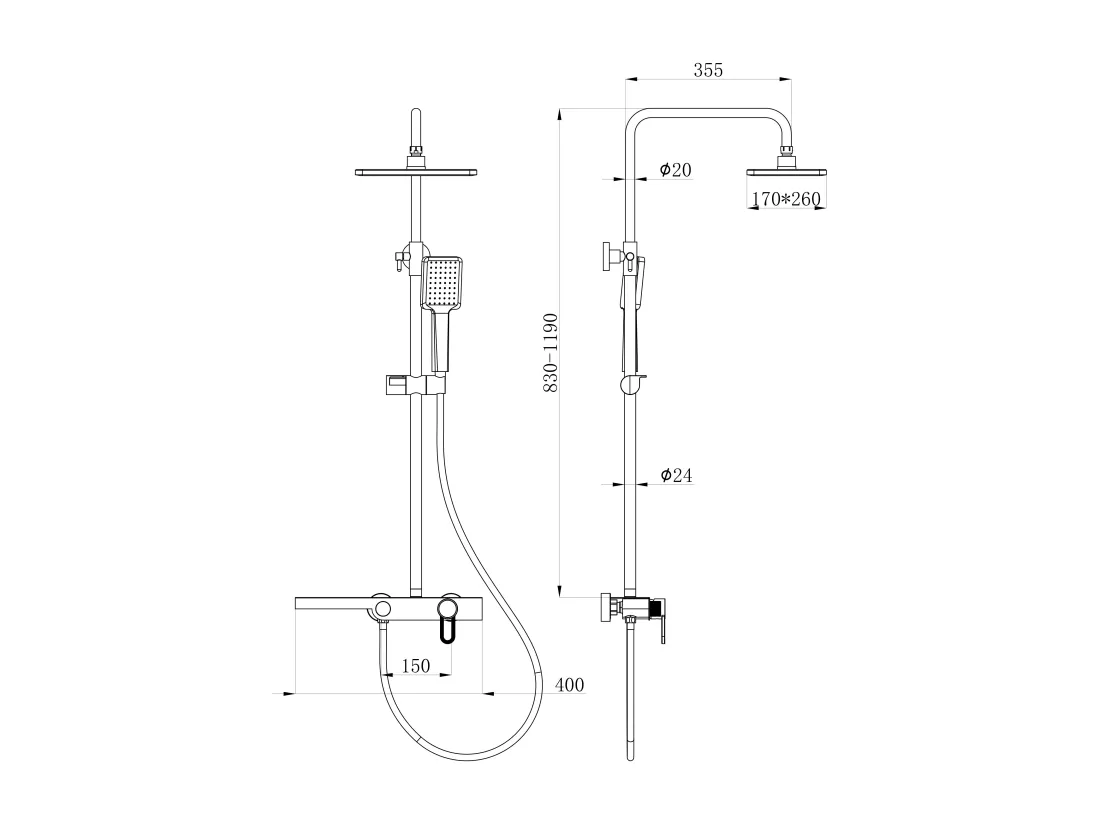 Colonne de douche en acier inoxydable avec tablette - Noir mat - Hauteur réglable - JIZEO