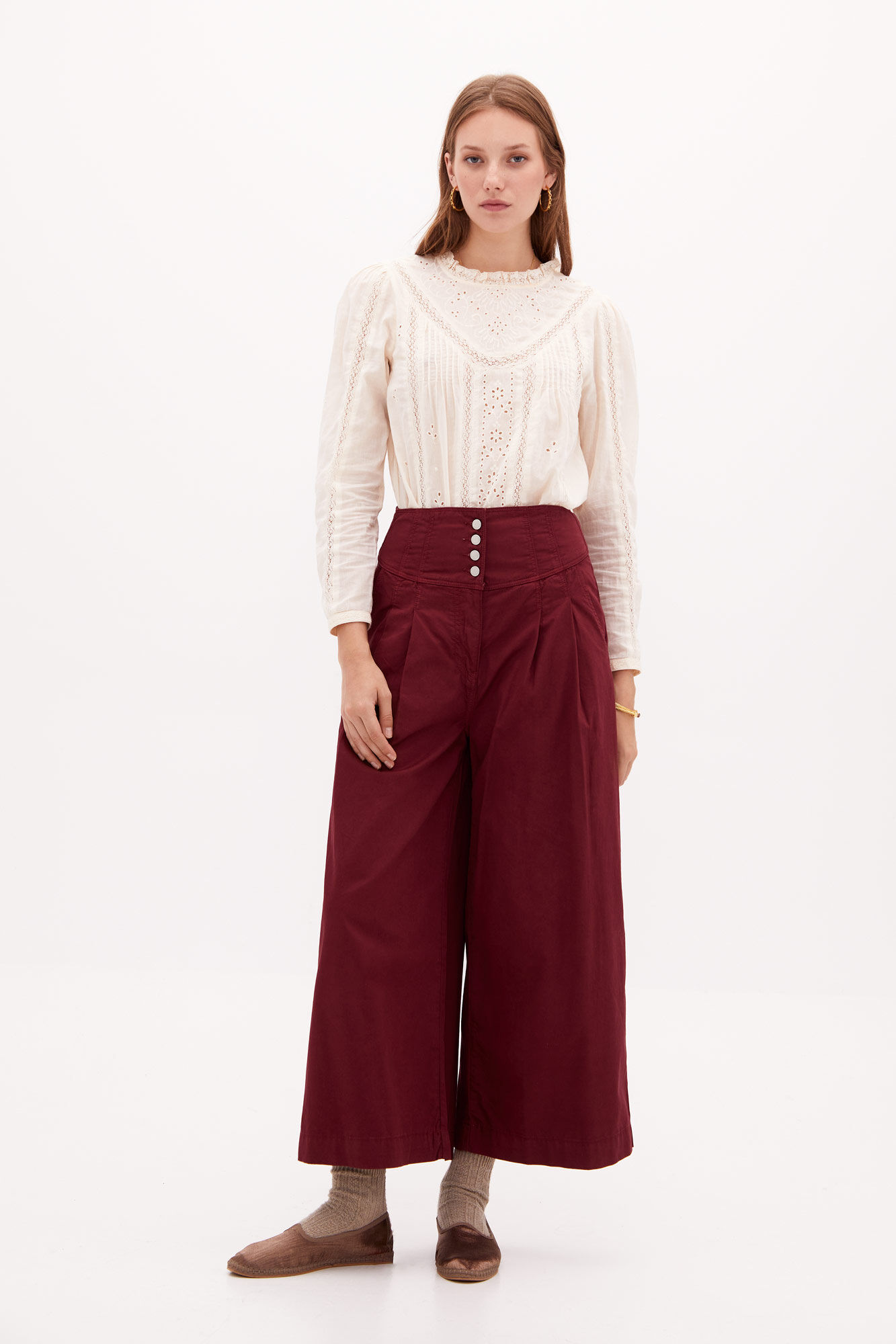 Calça jeans Jane de perna larga com costura - Vermelha