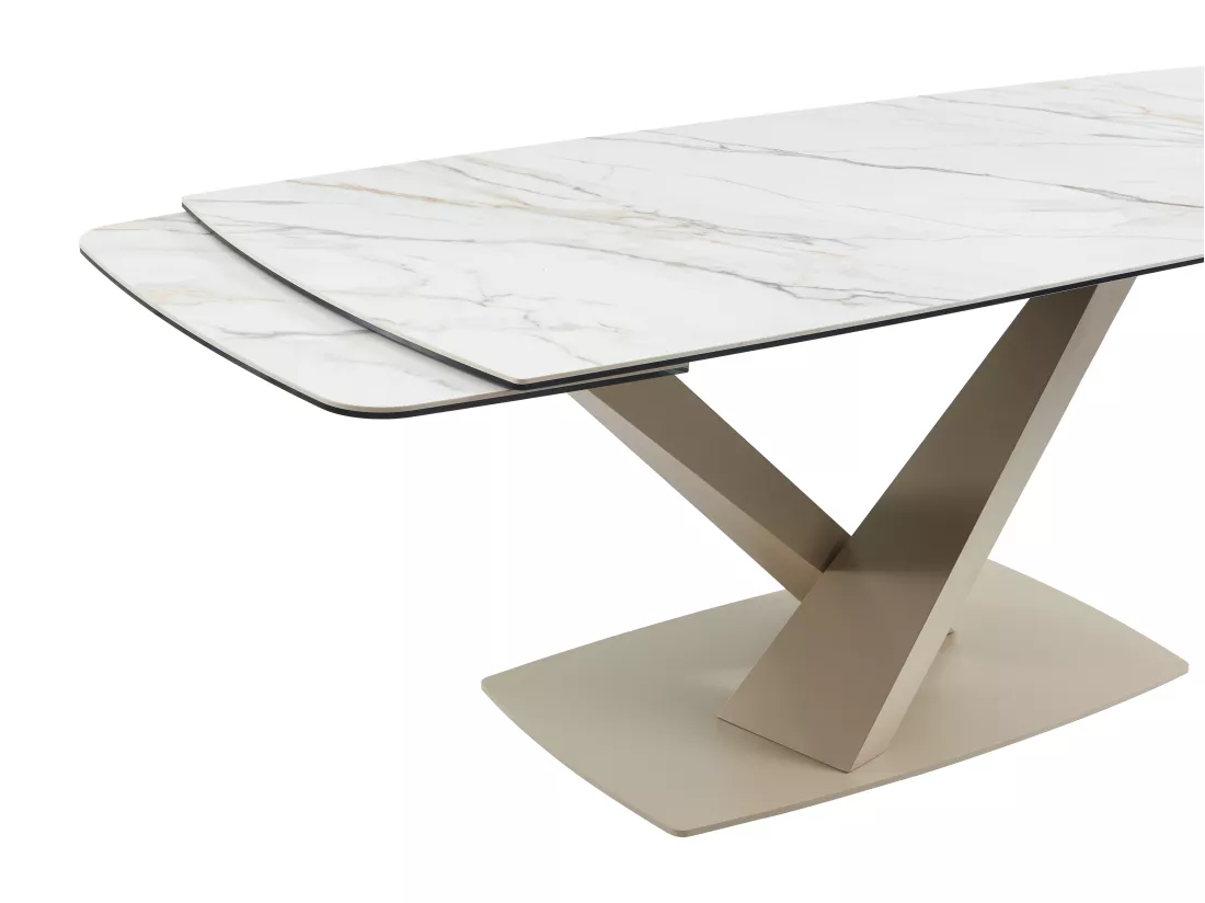 Table à manger extensible 6 à 10 personnes en verre trempé, céramique et métal - Effet marbre blanc et beige - MALATA de Maison Céphy