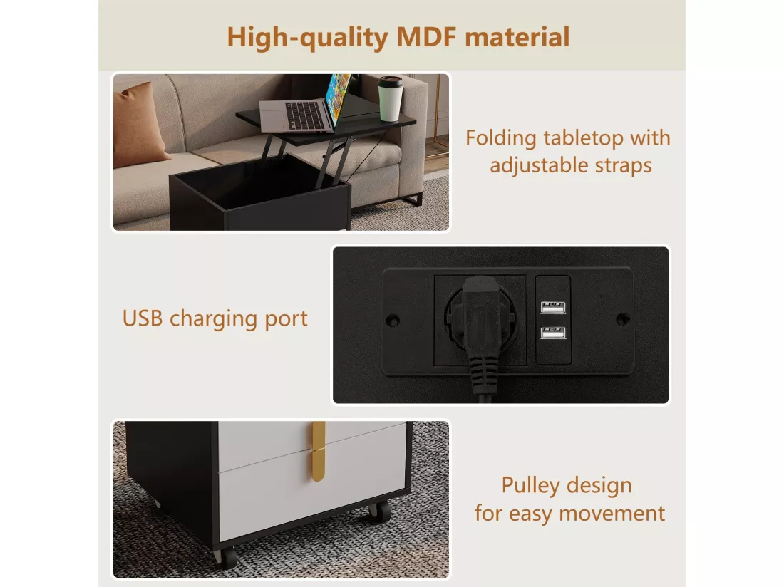 Table de chevet avec port USB - 2 tiroirs & plateau extensible - MDF - Blanc & Noir