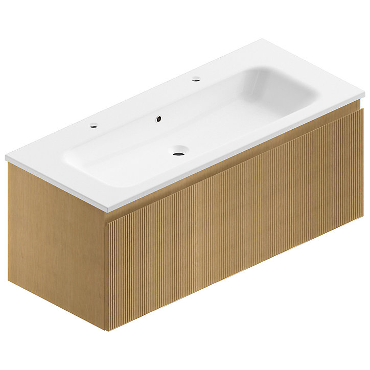 Meuble sous vasque à suspendre Pura placage chêne clair strié 120 cm + Plan vasque en résine blanc brillant