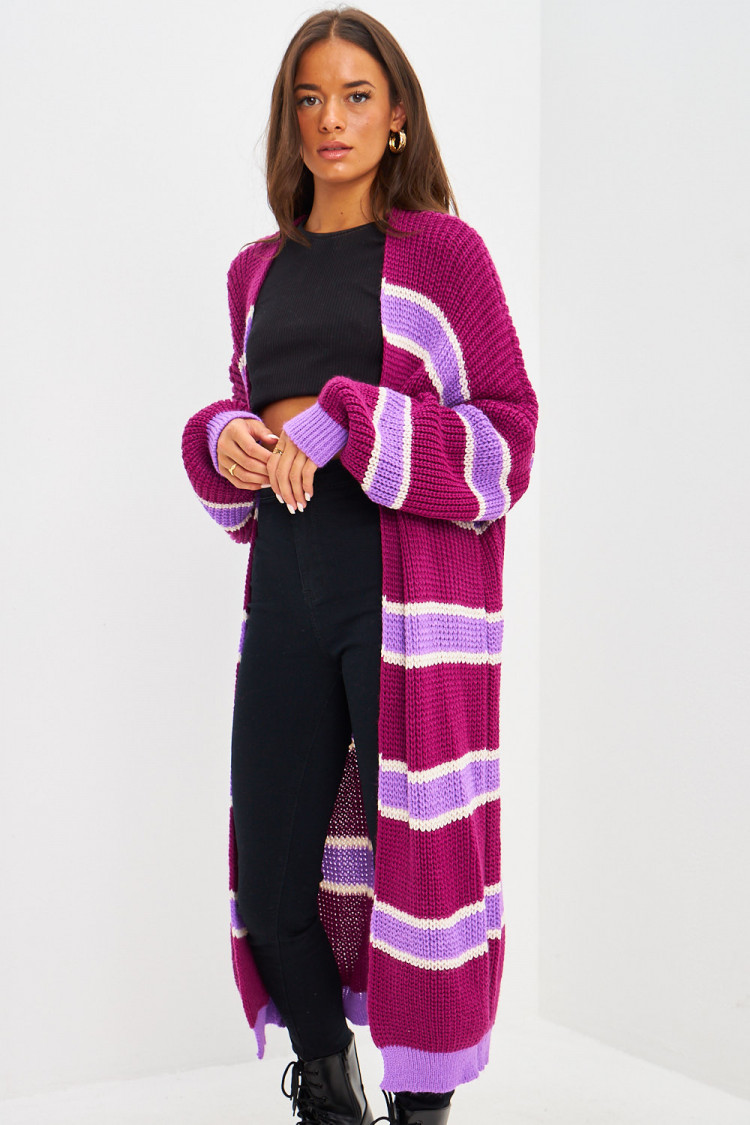 Gilet long aubergine en mailles à bandes violettes