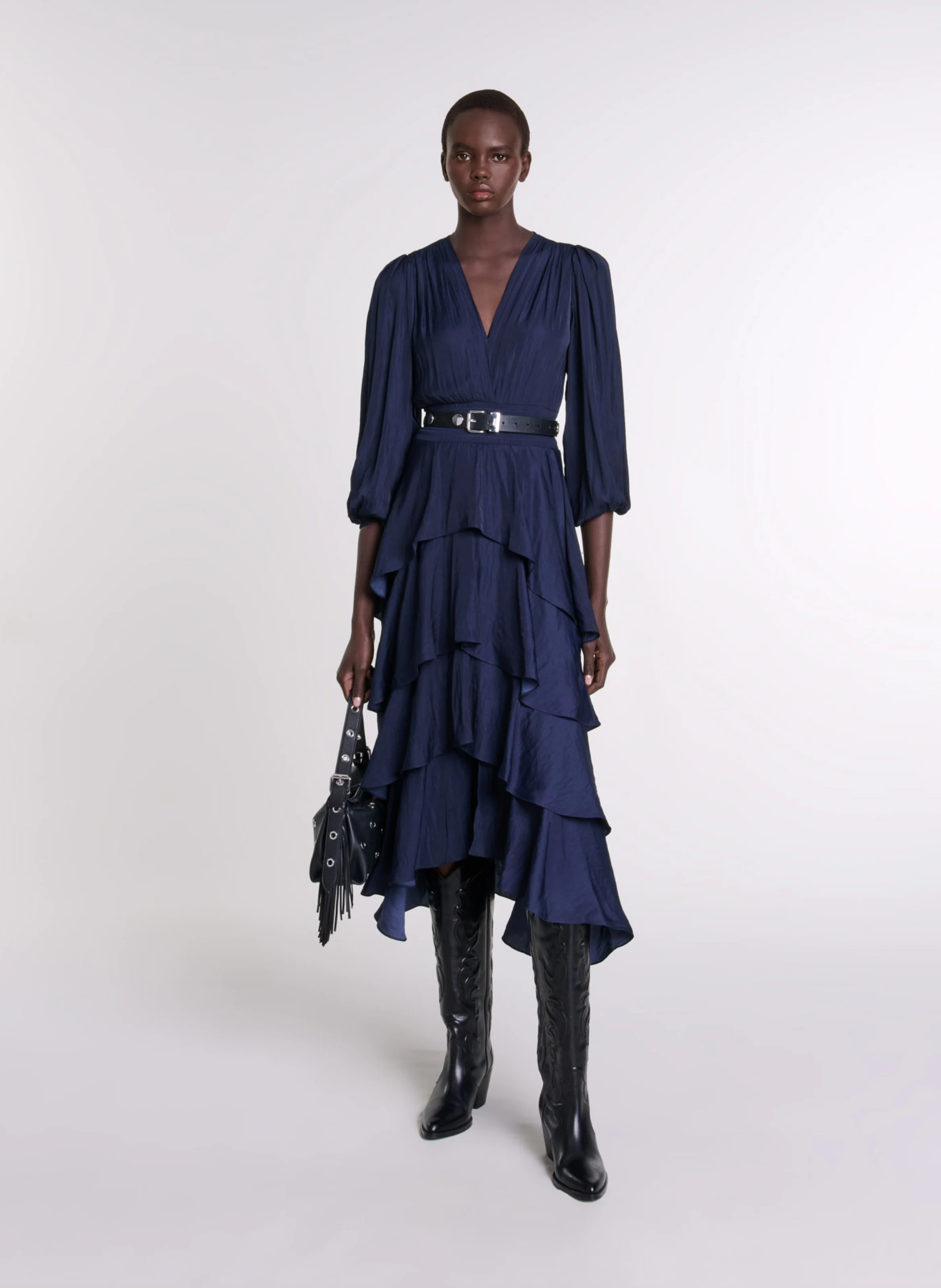 Robe longue col V à volants| Bleu