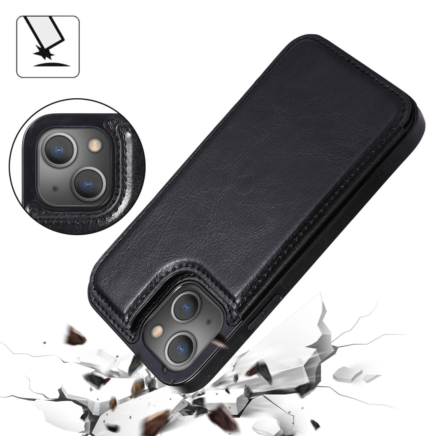 iPhone 14 Hybrid Leder Hülle mit Kartenfach   Kickstand Aufsteller - Schwarz