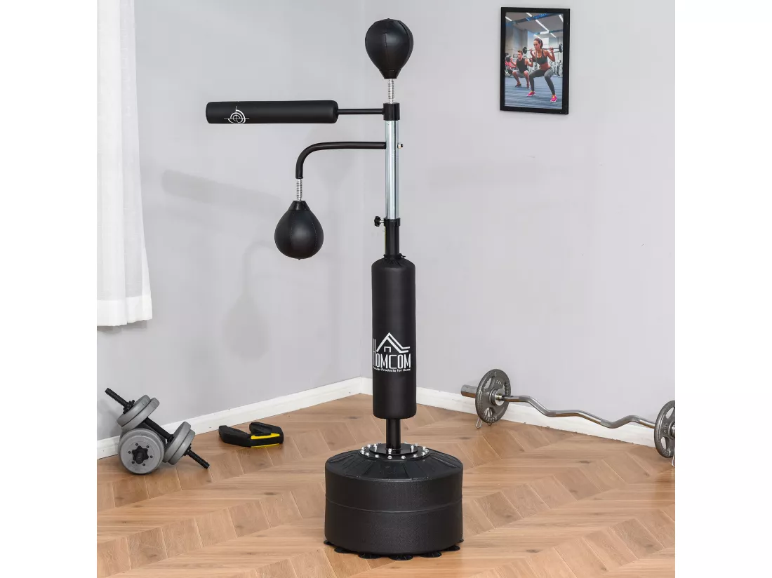 Sac de frappe boxe autoportant punching ball brunier 3 en 1 revêtement synthétique dim. 88L x 50l x 160-230H cm noir