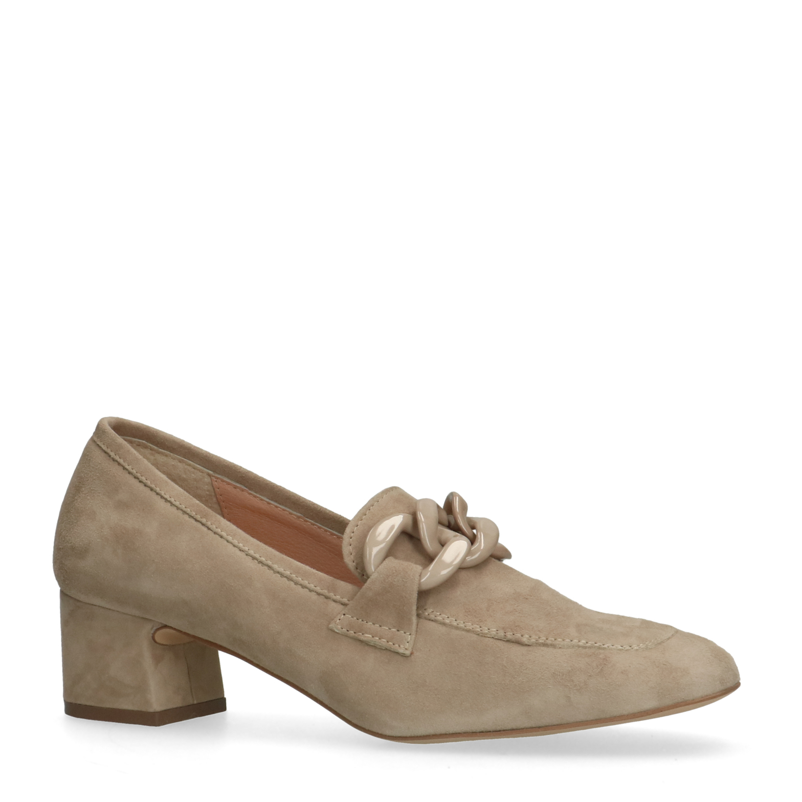 Beige suède pumps met ketting