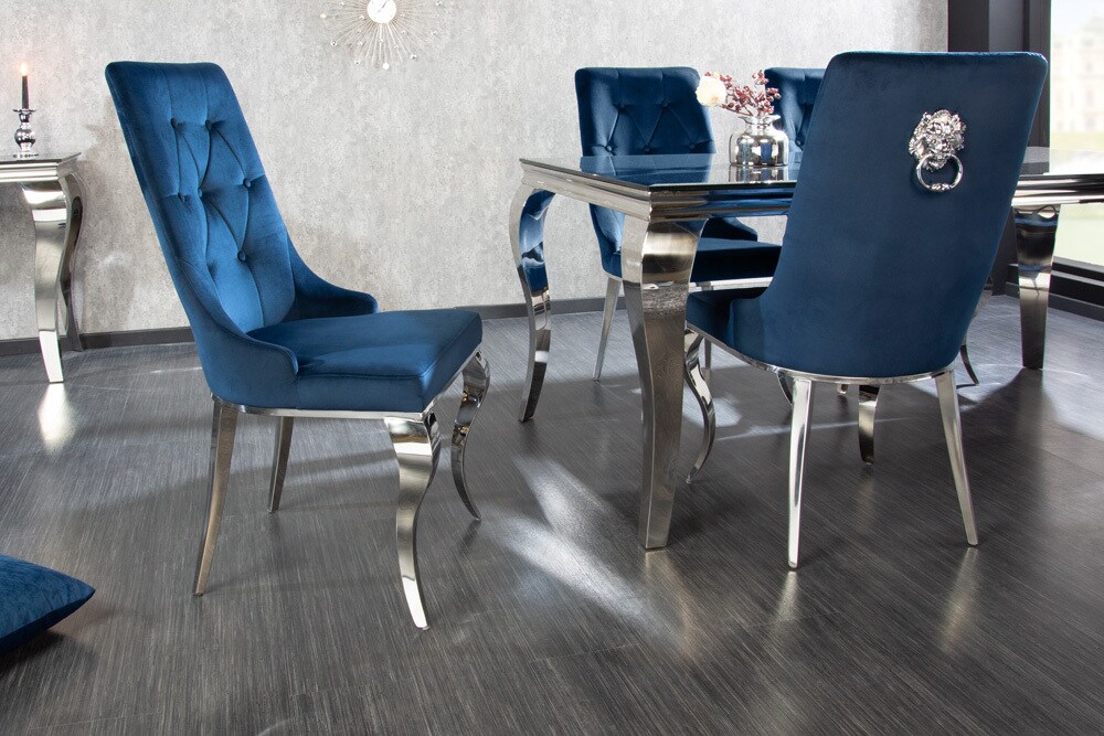 riess-ambiente Stuhl MODERN BAROCK - royalblau Samt mit silbernem Löwenkopf