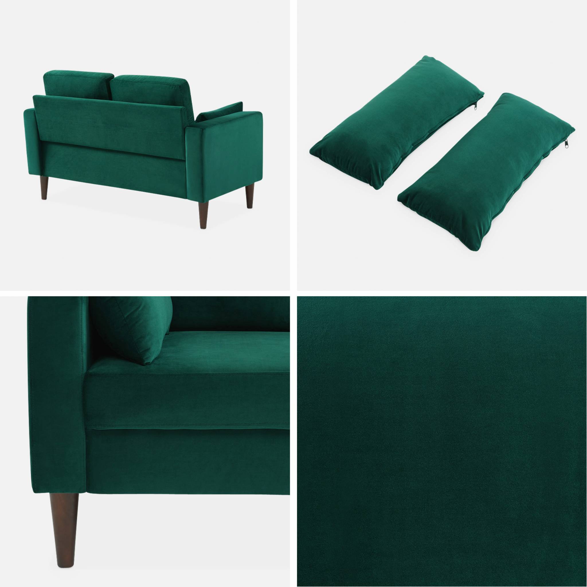 Canapé en velours vert anglais - bjorn - canapé 2 places fixe droit pieds bois d'hévéa effet bois de noyer