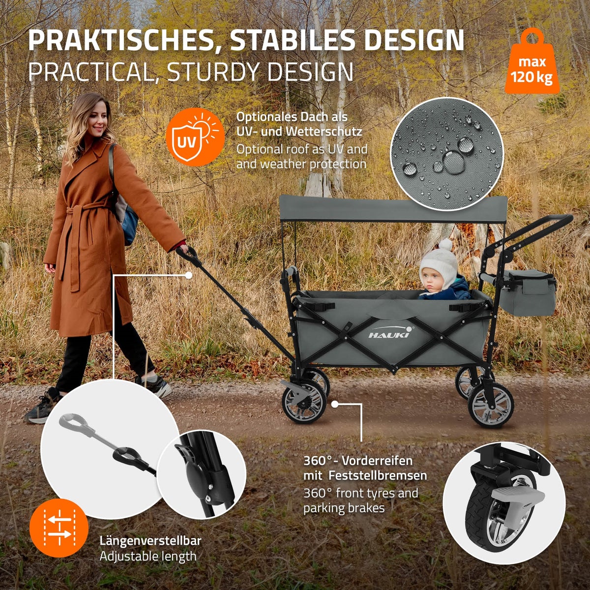 Hauki XXL opvouwbare bolderkar met luifel en tas, grijs, opvouwbare handkar voor duwen/trekken, kindertransportkar/kinderwagen, 360° draaibare voorwielen, PU-wielen met remmen, draagvermogen 120 kg