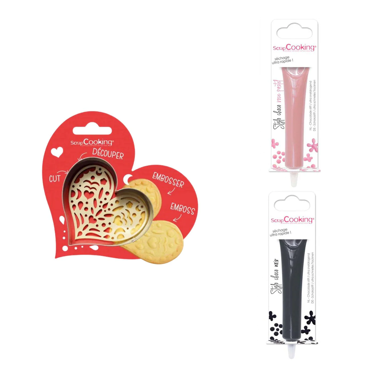 Kit pour biscuit en relief Coeur + 2 Stylos au chocolat rose pastel et