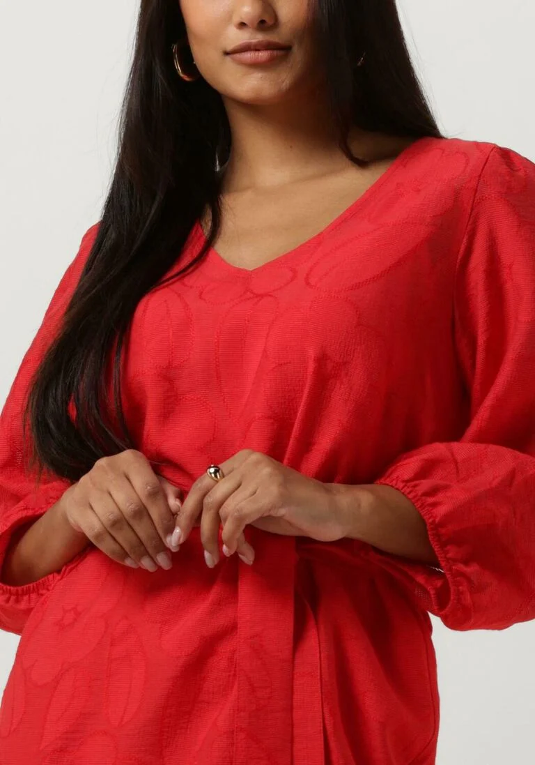 JANSEN AMSTERDAM rode jansen amsterdam mini jurk ff517 dress 3/4 puffed sleeve v-neck