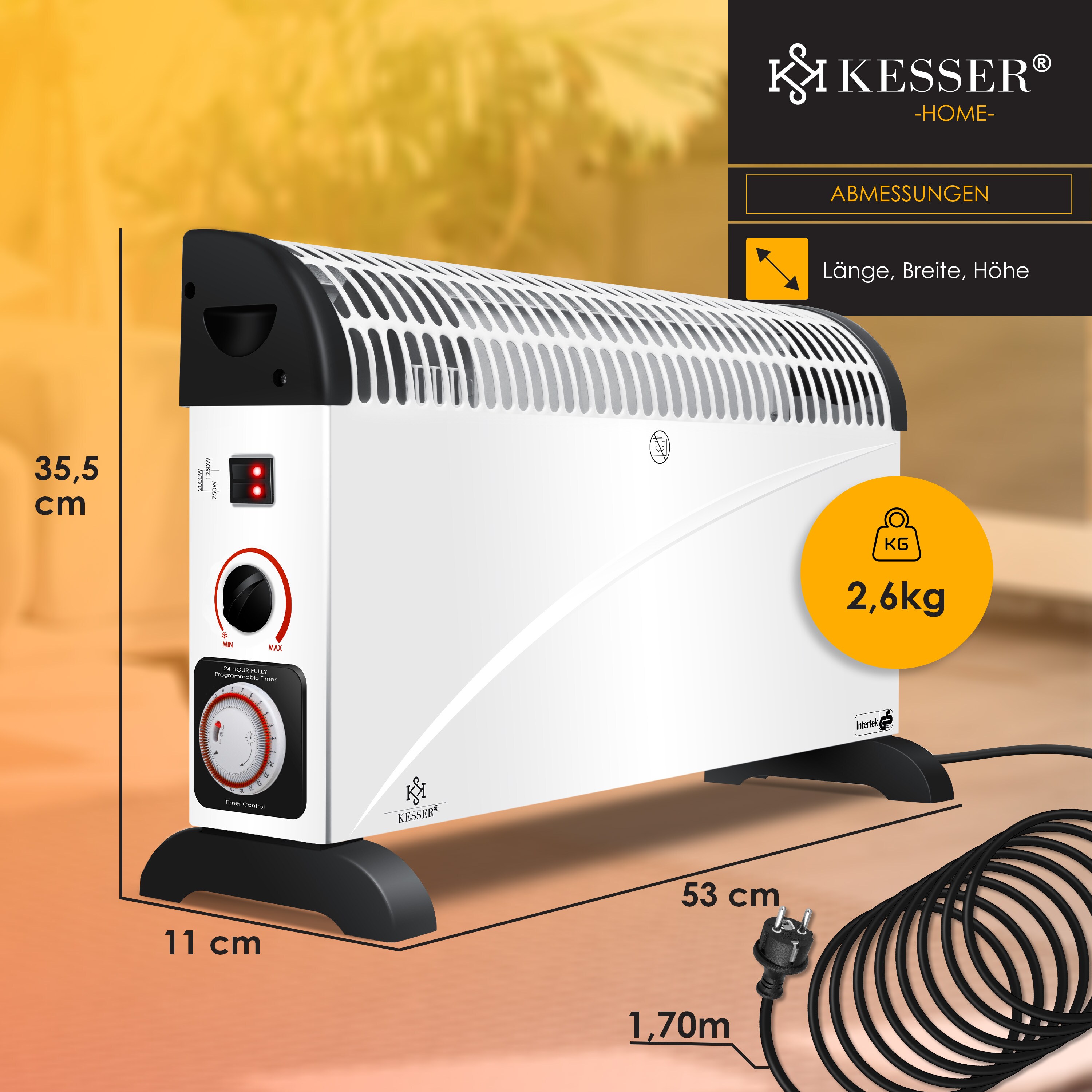 KESSER Konvektor 2000 Watt Heizgerät , 24h Timer | stufenlose Thermosteuerung | Turbo Heizung | 3 Stufen | Tragemulden