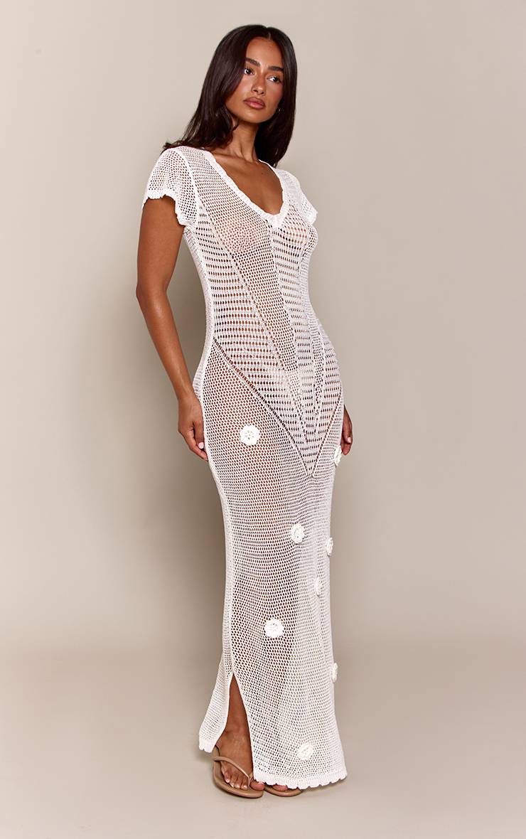 Crème Robe Longue Moulante En Maille À Encolure En V Et Appliqués Floraux Petite