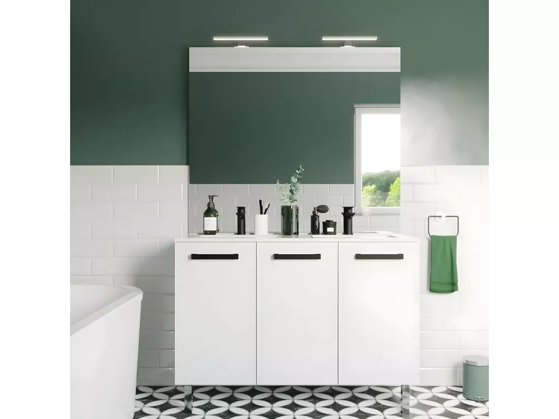 Meuble de salle de bain suspendu avec pieds double vasque intégrée 120cm 3 portes Blanc - Chelsea