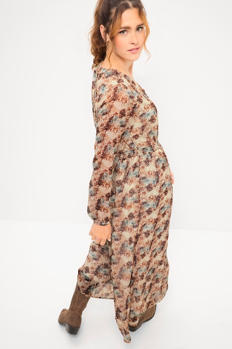 Maxikleid, A-Line, Schuppen Print, V-Ausschnitt, elastische Taille, Langarm
